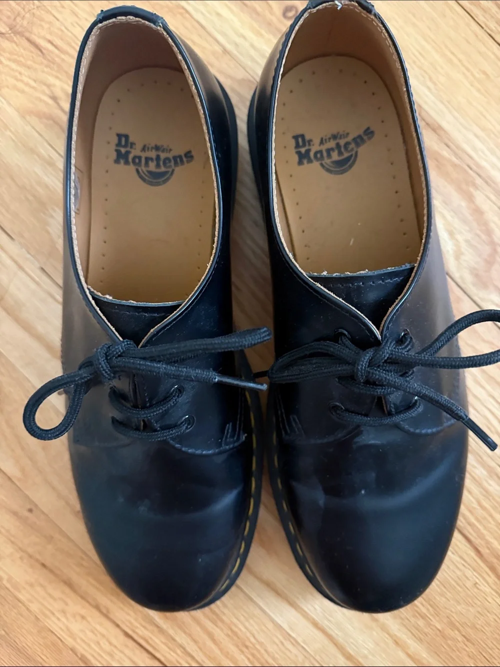 Dr. Martens Black Leather Derby Shoes with Yellow Stitching